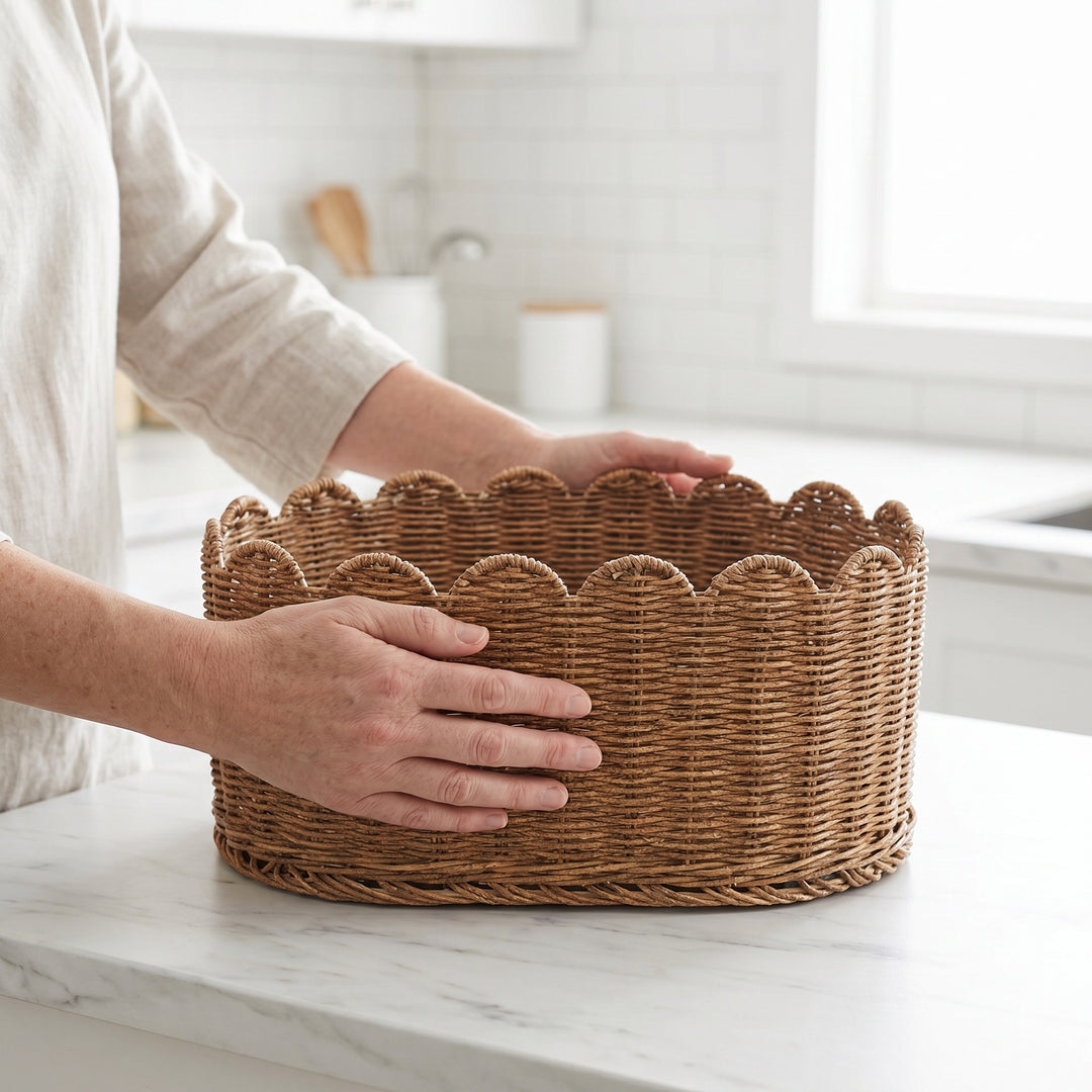 Rustic storage basket made of woven natural material