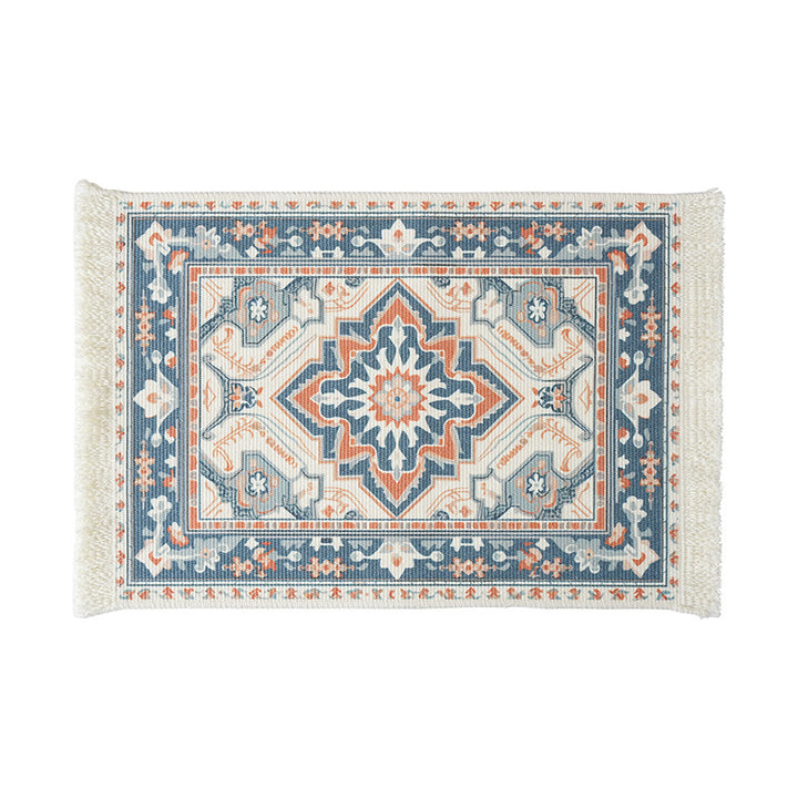 Short-pile decorative bathroom and runner carpet in oriental medallion style with fringes