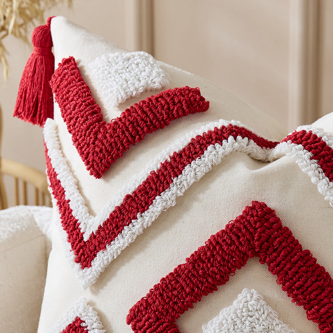 Tufted Geometric Boho Square Throw Pillow Cover with Corner Tassels and Hidden Zipper