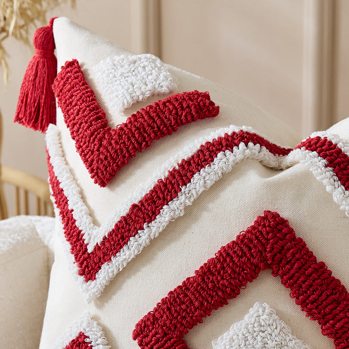 Tufted Geometric Boho Square Throw Pillow Cover with Corner Tassels and Hidden Zipper