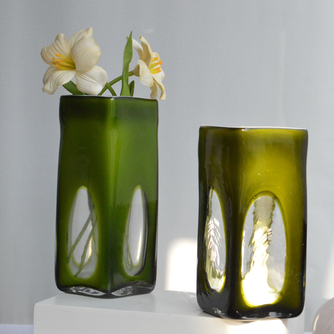 Rectangular Hand-Blown Decorative Glass Vase with Windowed Crystal Inset