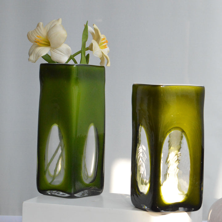Rectangular Hand-Blown Decorative Glass Vase with Windowed Crystal Inset