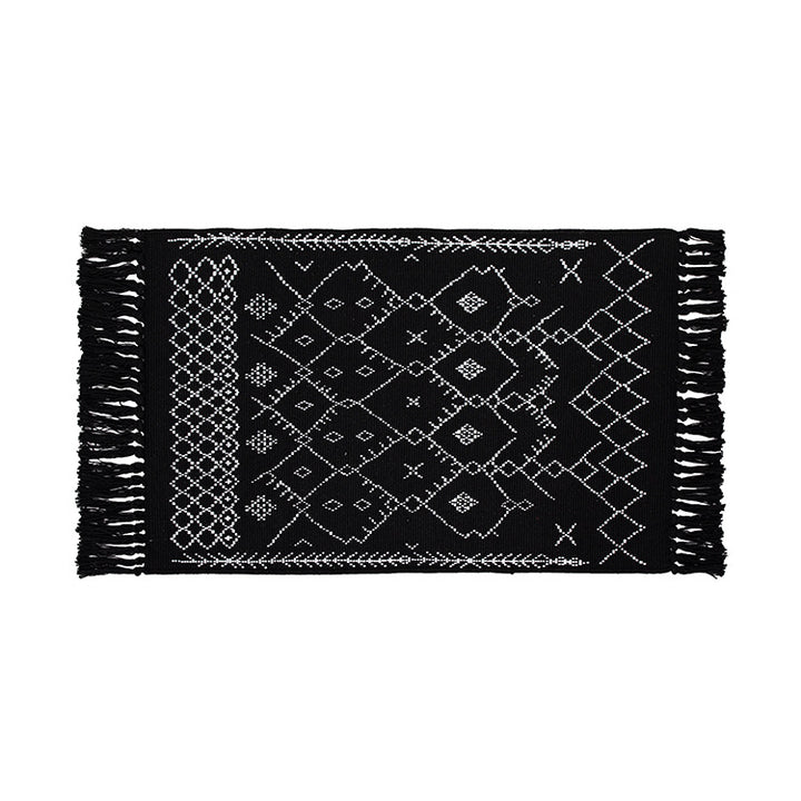 Flat-woven entrance and living room rug with Moroccan diamond jacquard and decorative fringes