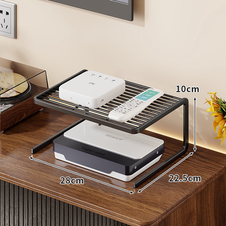 Two-Tier Ventilated Metal Electronics Organizer Shelf for Routers, Set-Top Boxes and Remotes
