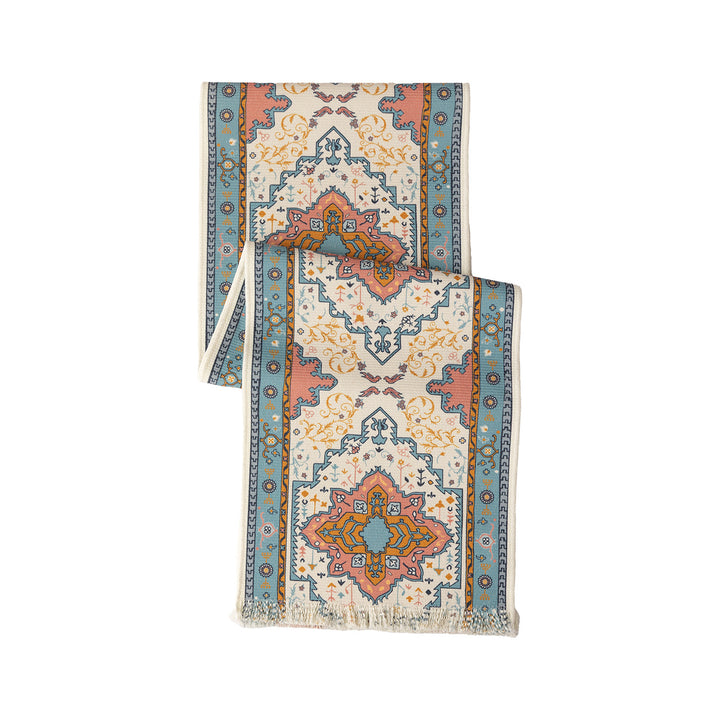 Woven table runner made of cotton blend with oriental medallion pattern and fringes