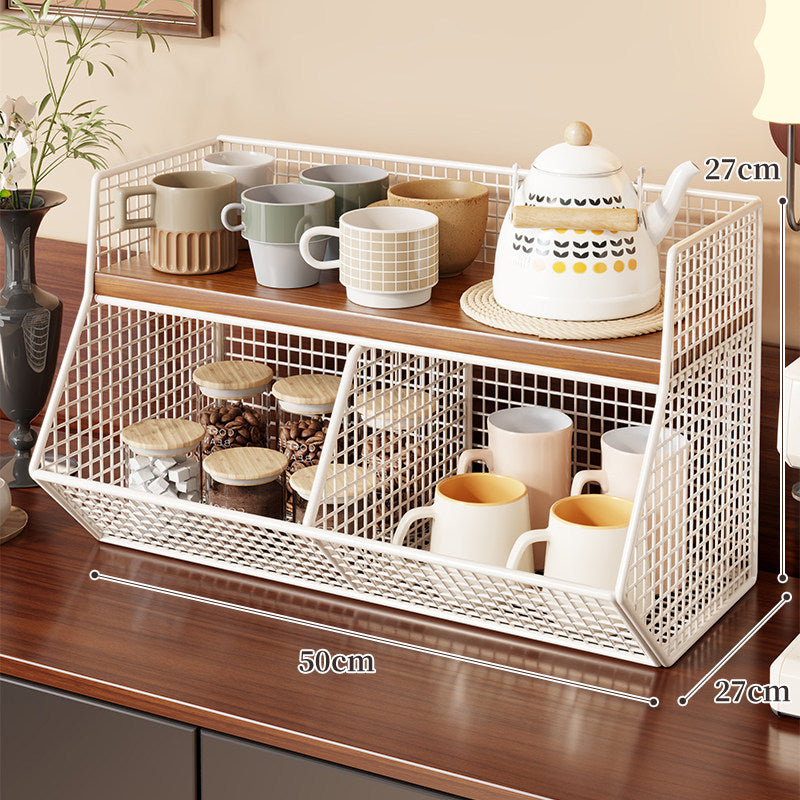 Two-Level Angled Wire Mesh Countertop Organizer with Wood-Effect Top Shelf and Front Drop Bins