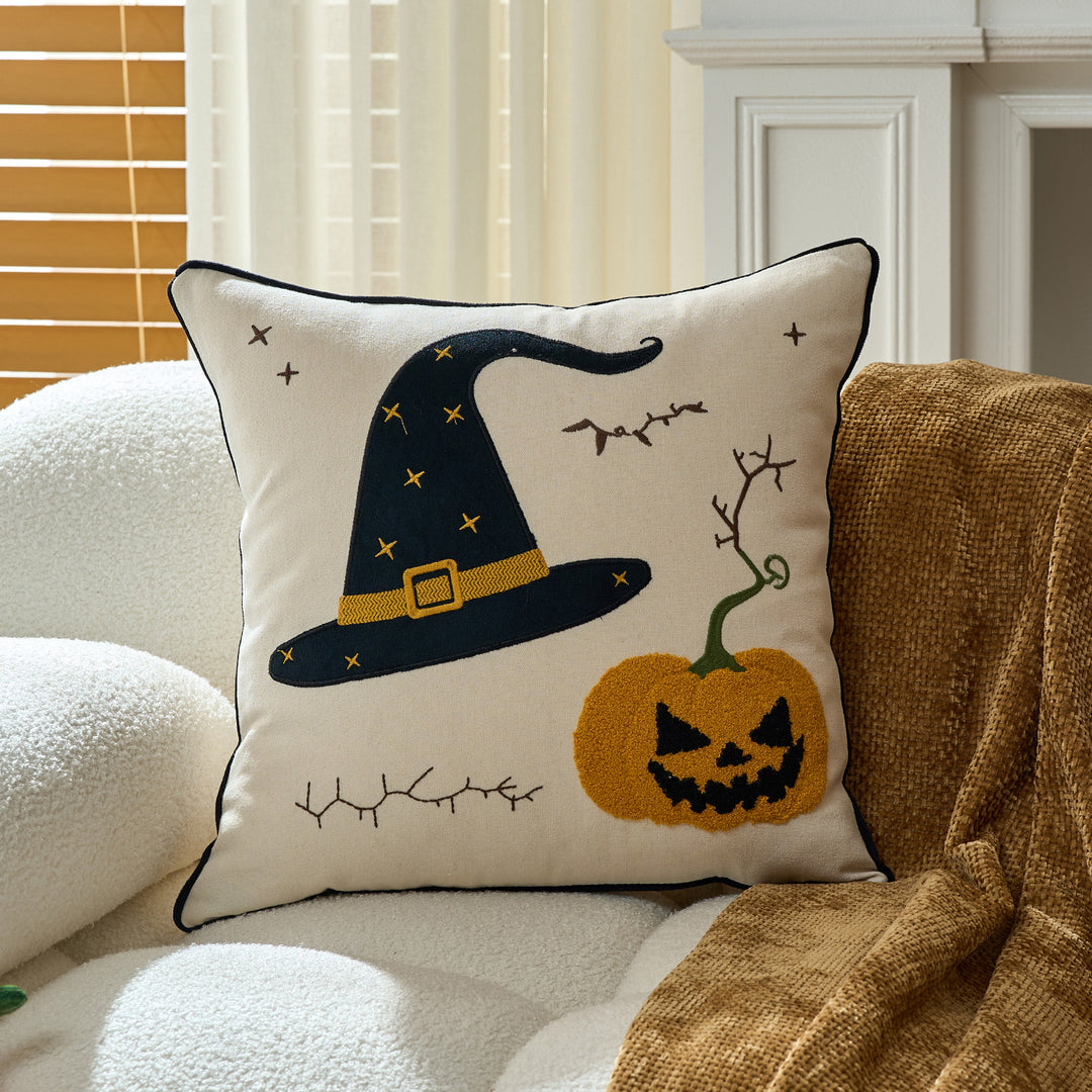 Tufted Ghost Appliqué Cotton-Linen Square Decorative Throw Pillow Cover
