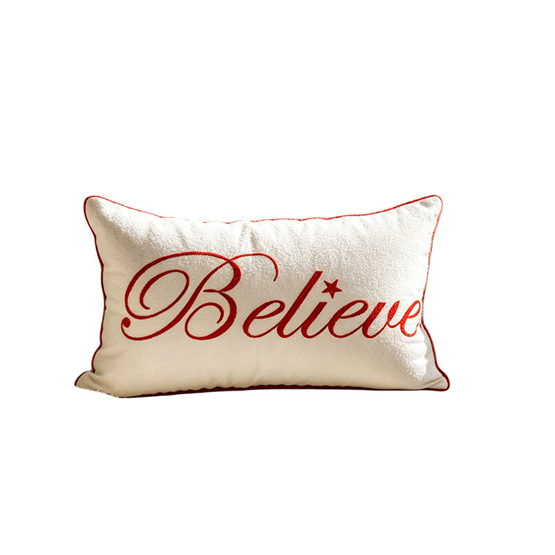 Embroidered Sherpa Lumbar Throw Pillow Cover with Script Text and Piped Edge