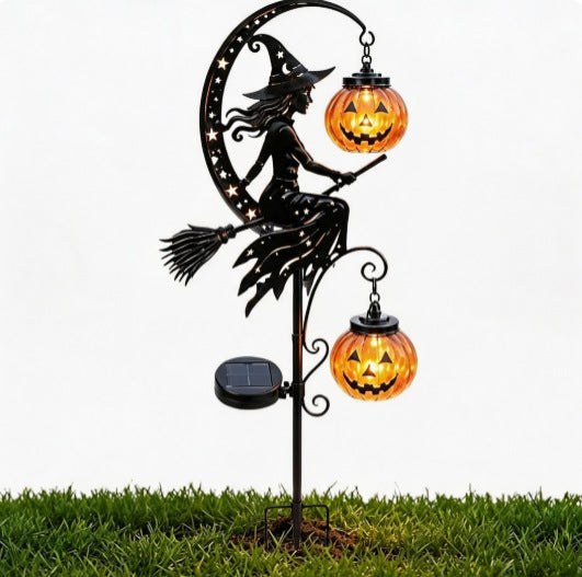 Outdoor Solar Halloween Garden Stake with Witch Silhouette and Hanging Pumpkin Lanterns