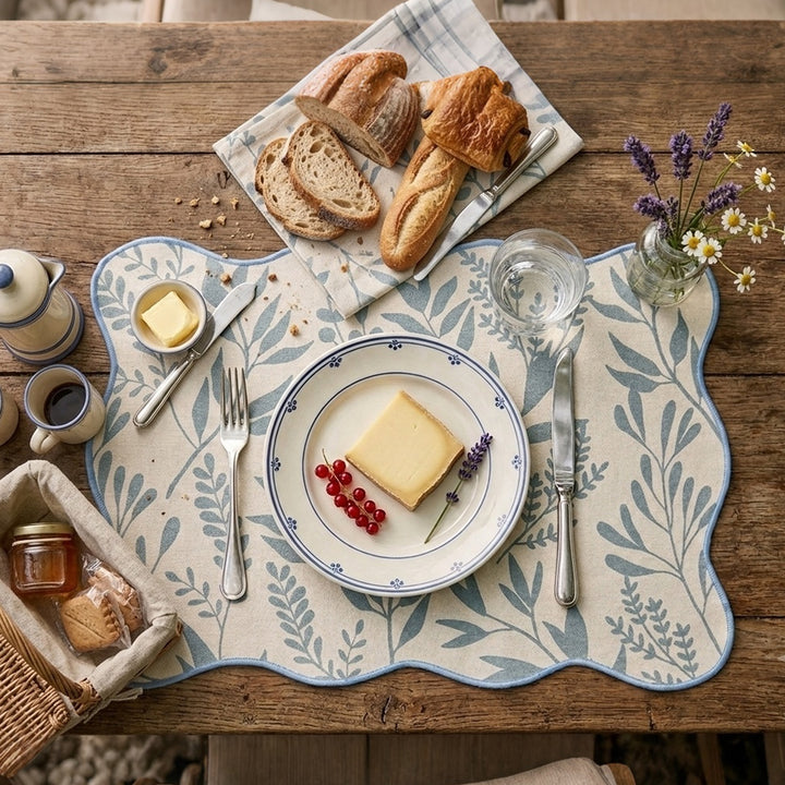 Shaped placemat made of cotton-linen with wavy edge and leaf pattern
