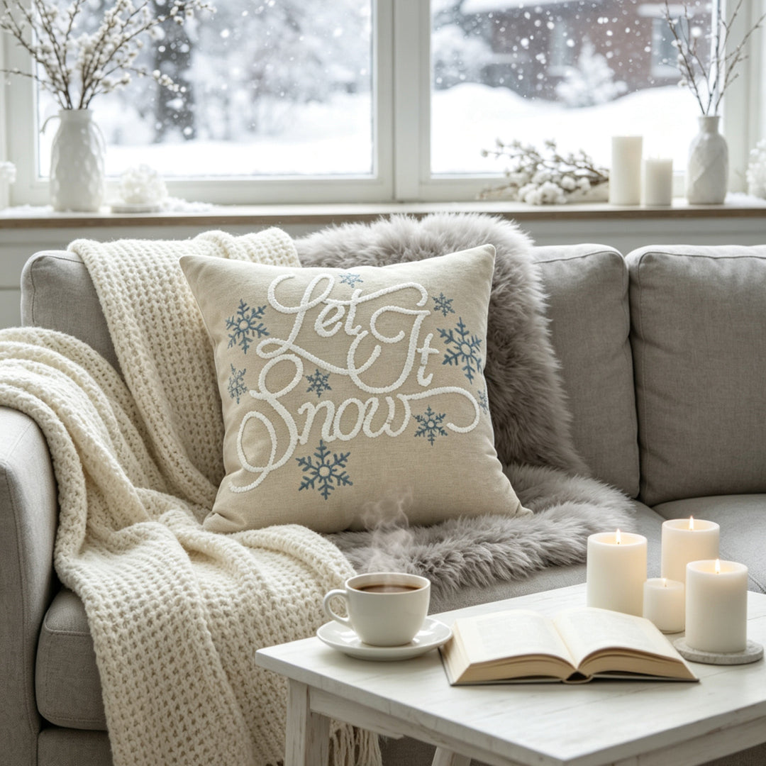 Embroidered Holiday Square Throw Pillow Cover with Piped Edge and Removable Insert