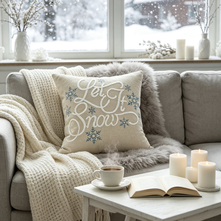 Embroidered Holiday Square Throw Pillow Cover with Piped Edge and Removable Insert