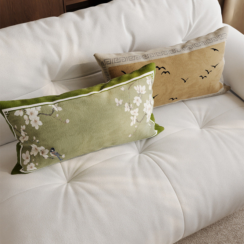 Decorative Rectangular Linen-Blend Lumbar Pillow Cover with Oriental Bird and Blossom Print and Contrast Velvet Border