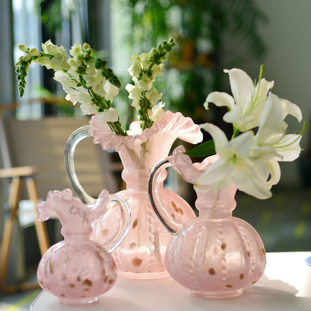 Artisanal Bulbous Milk-Glass Bud Vase with Frilled Neck & Speckled Inclusions