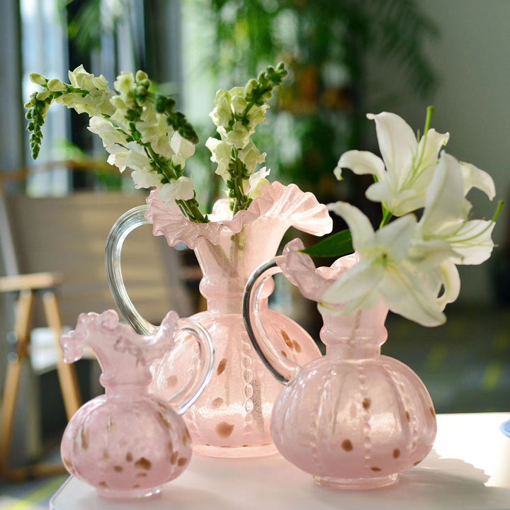 Artisanal Bulbous Milk-Glass Bud Vase with Frilled Neck & Speckled Inclusions