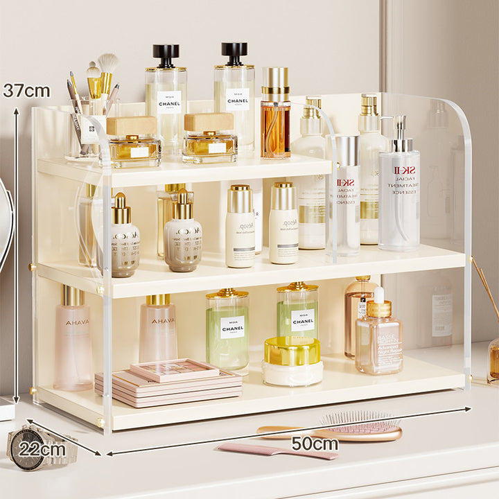 Two-Tier Countertop Beauty and Skincare Organizer with Adjustable Middle Shelf and Vertical Wire Panels