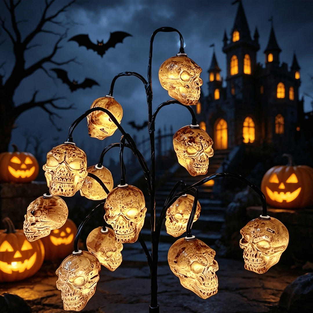 Battery-operated animated bat and spider LED string lights for outdoor Halloween display