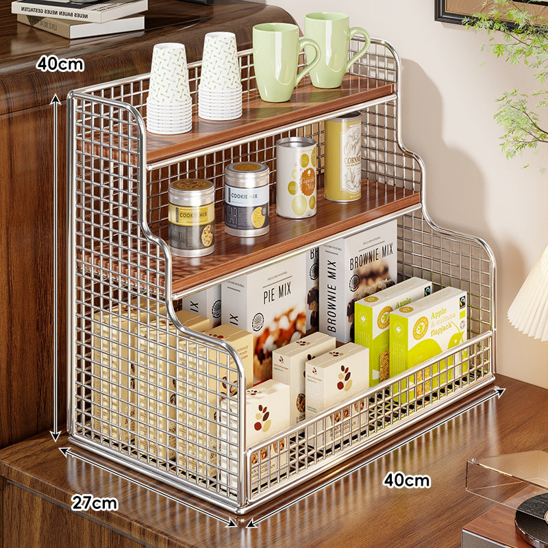 Multi-Tier Mesh Metal and Bamboo Countertop Pantry Organizer Shelf