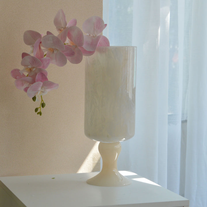 Tall Swirled Glass Pedestal Centerpiece Vase with Marble Effect