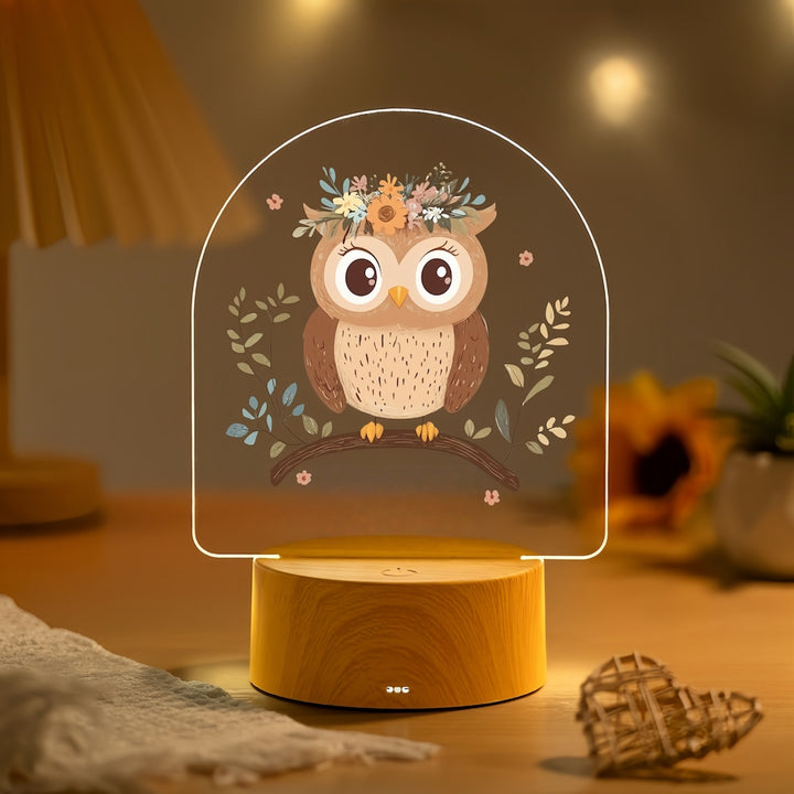 Child LED Acrylic Night Light with Cute Pony Illustration and Wooden Base