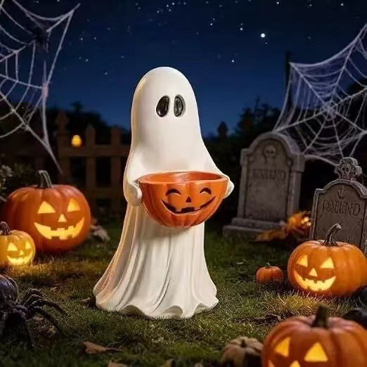 Decorative Ghost Figure with Pumpkin Lantern