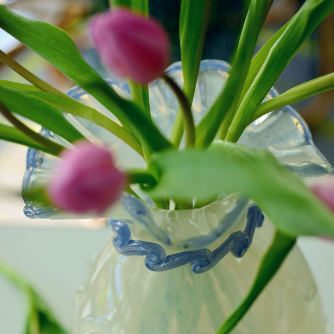 Ruffled-Rim Hand-Blown Decorative Glass Vase with Twisted Neck Accent