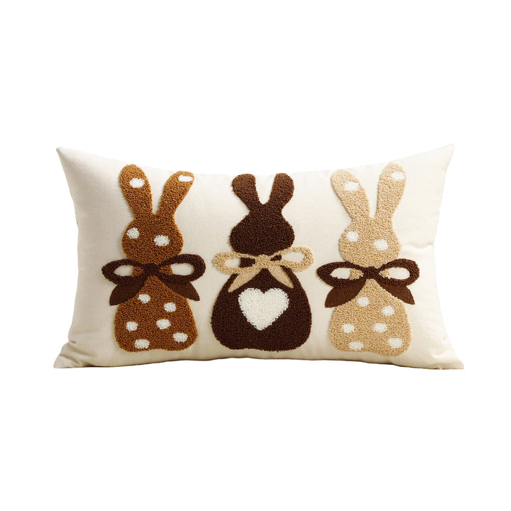 Tufted Appliqué Bunny Trio Lumbar Pillow Cover Cotton-Linen Blend with Hidden Zipper