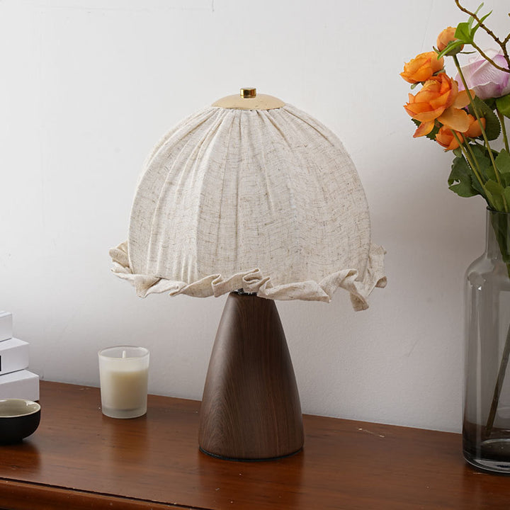 Handmade linen ruffle table lamp with walnut pyramid base