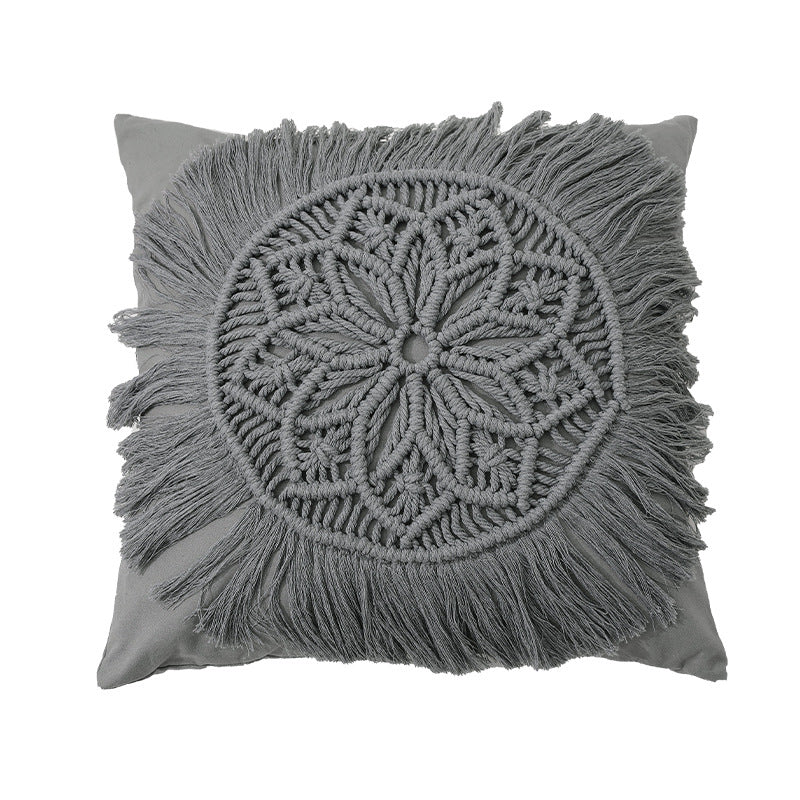 Decorative macrame pillow cover with mandala application and fringes