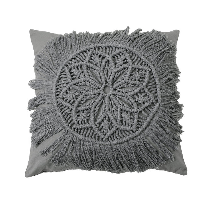Decorative macrame pillow cover with mandala application and fringes