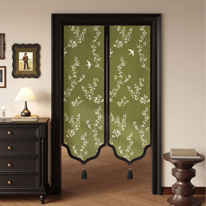 Decorative Split Noren Door Curtain Panel with Floral Jacquard and Tassel Weights