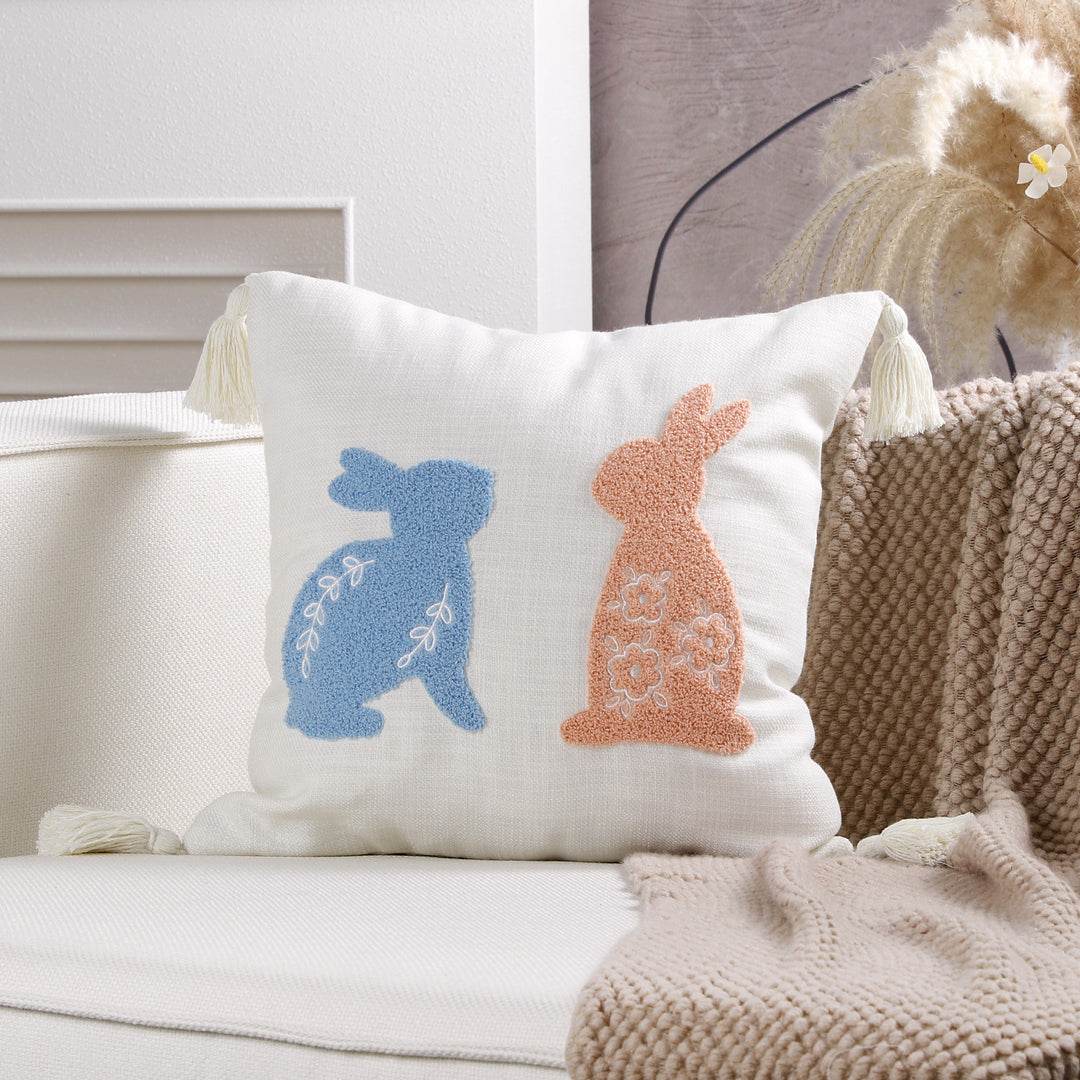Decorative Lumbar Pillow Cover with Tufted Bunny Appliqués and Corner Tassels