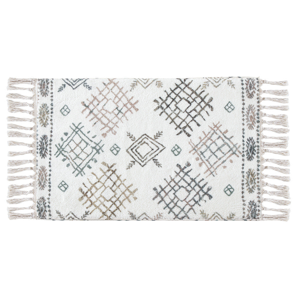 Boho cotton bath mat with fringes and geometric diamond pattern