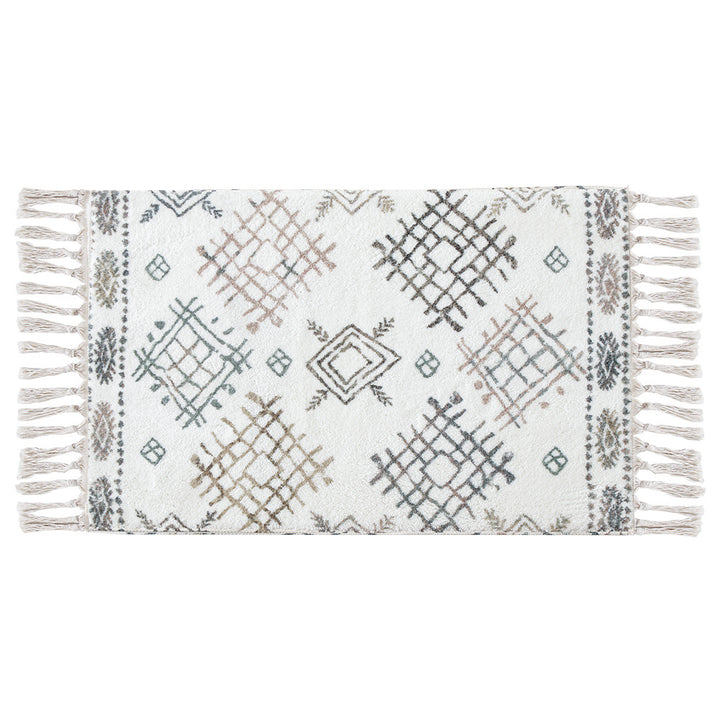 Boho cotton bath mat with fringes and geometric diamond pattern