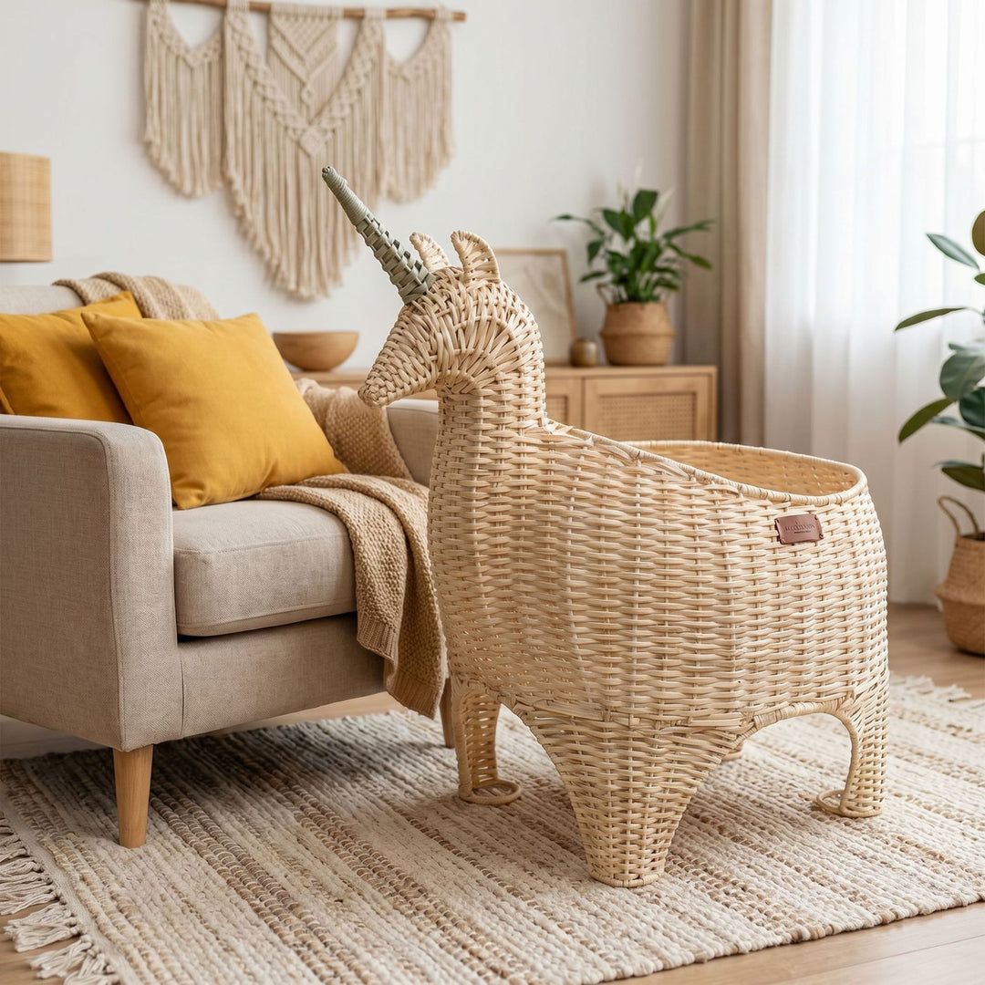 Playful storage basket in unicorn shape