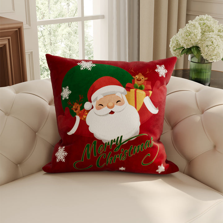 Festive Plush Decorative Throw Pillow Cover with Santa Illustration and Merry Christmas Script