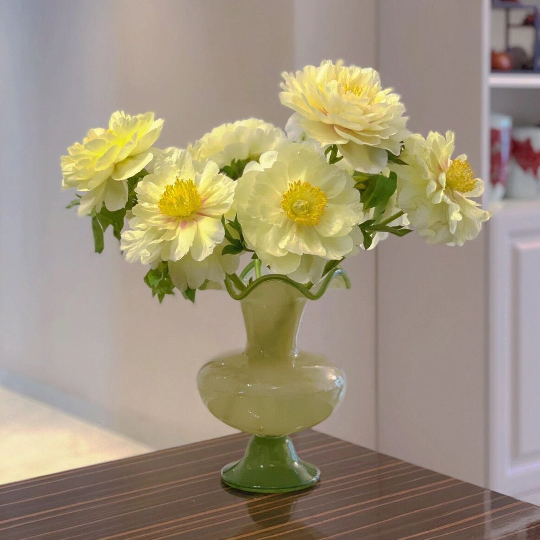 Tall Hand-Blown Fluted Glass Vase with Ruffled Rim & Rounded Pedestal Base