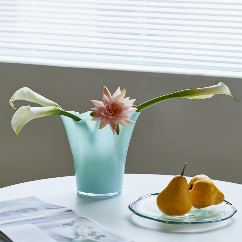 Hand-Blown Fluted Art Glass Vase with Ruffled Rim