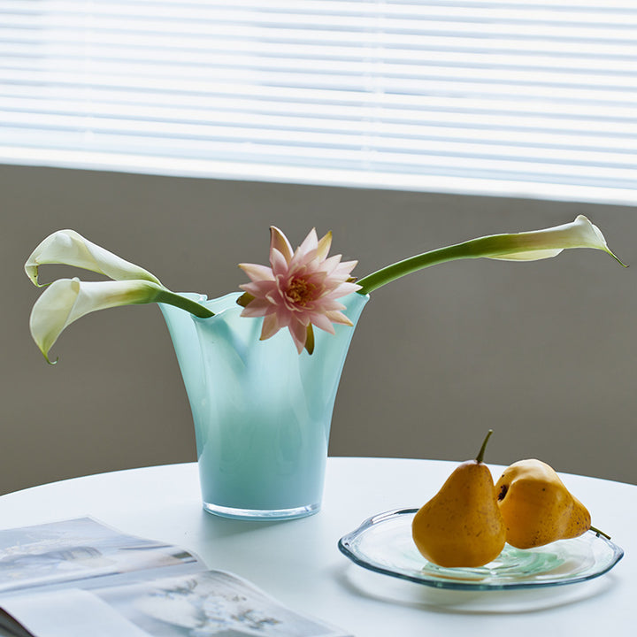 Hand-Blown Fluted Art Glass Vase with Ruffled Rim