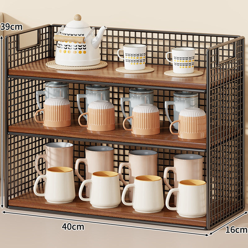 Three-Tier Wire Grid Countertop Display Shelf with Faux-Wood Removable Trays