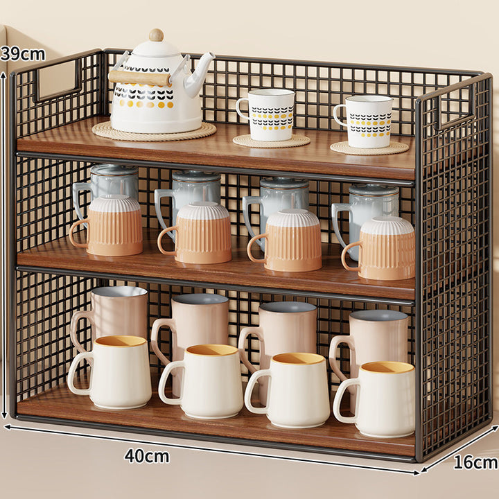 Three-Tier Wire Grid Countertop Display Shelf with Faux-Wood Removable Trays
