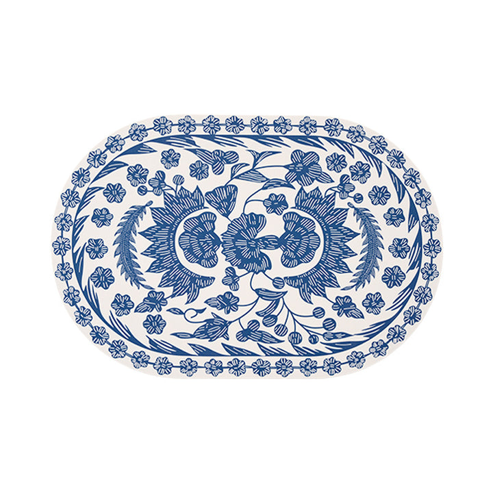 Oval wipeable table set made of vinyl with floral retro pattern and non-slip back