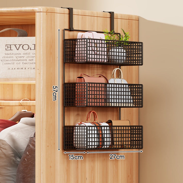 Over-the-Door Metal Grid Hanging Organizer with Four Stackable Baskets and Hooks