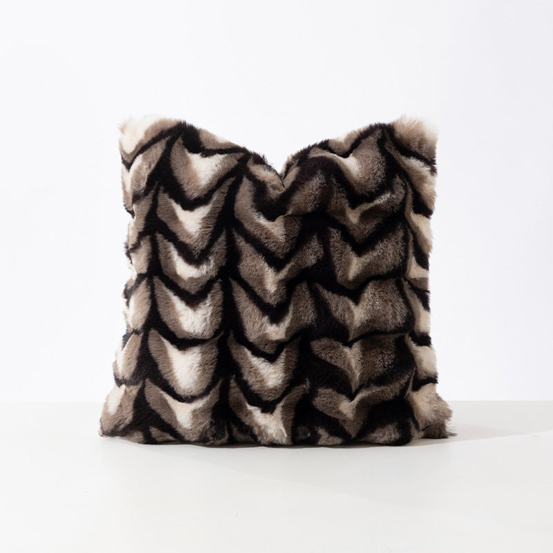Rectangular decorative faux fur pillow cover with chevron relief texture