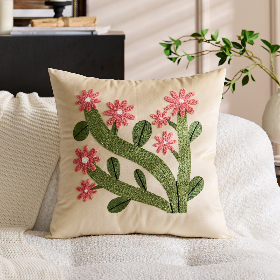 Square Velvet Appliqué Tufted Floral Accent Throw Pillow