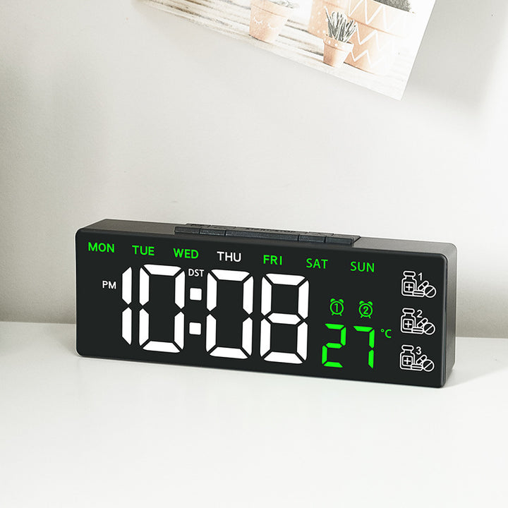 Digital LED desk clock with temperature and day of the week display