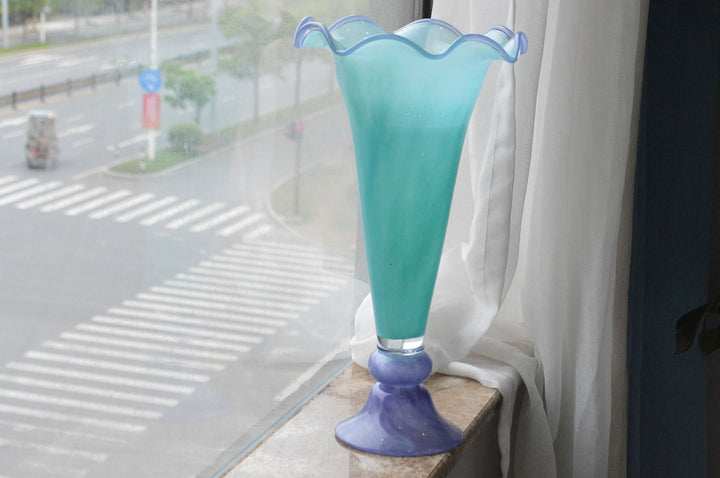 Tall Hand-Blown Fluted Glass Vase with Ruffled Rim & Rounded Pedestal Base