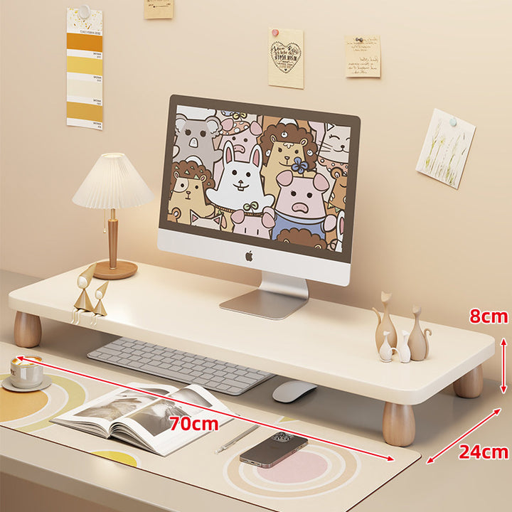 Low-Profile Ergonomic Wooden Desktop Monitor Lift with Under-Shelf Keyboard Storage