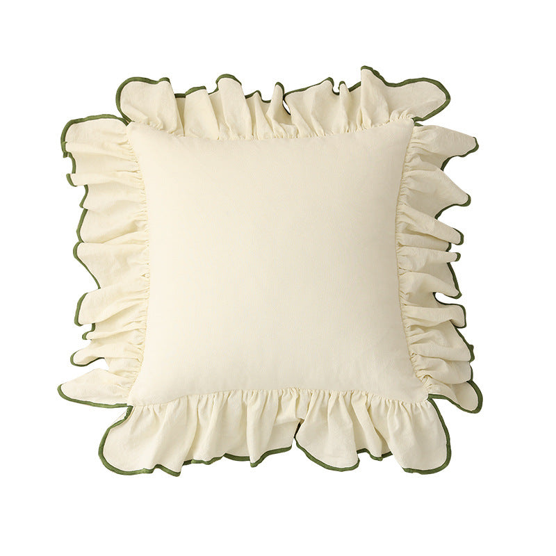 Romantic decorative cushion with gathered ruffles and linen look