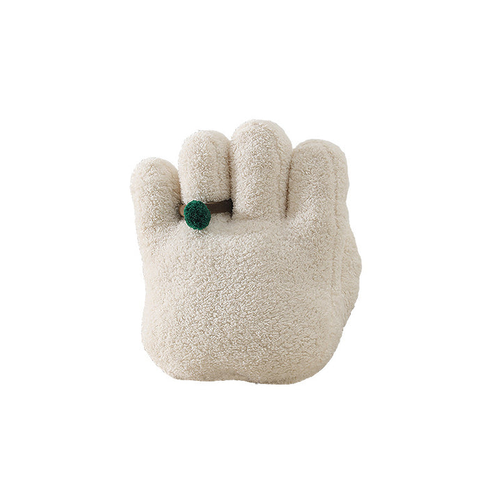 Cozy hand-shaped plush pillow with pompom ring
